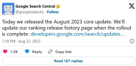 Tweet Google core update